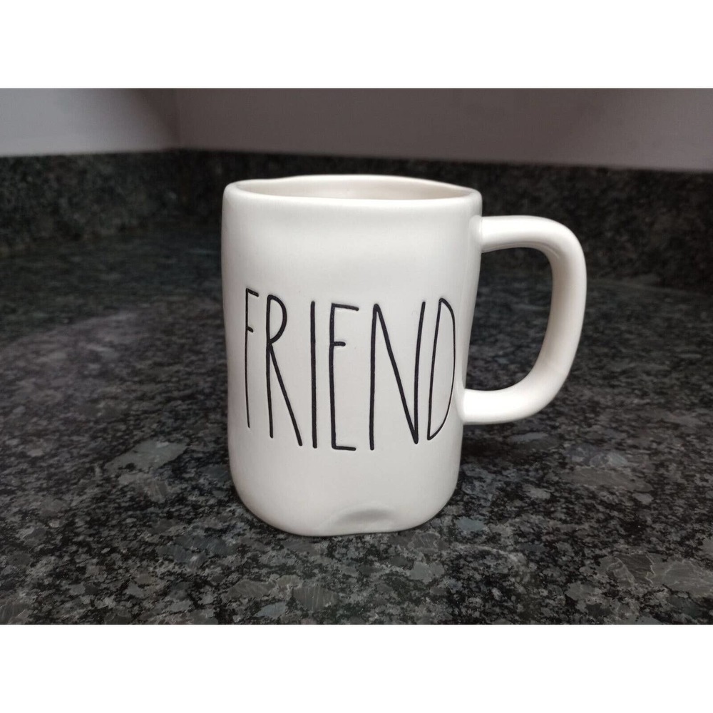 Rae Dunn By Magenta Mug Friend White Black letters 18 oz to rim so usable 16 oz